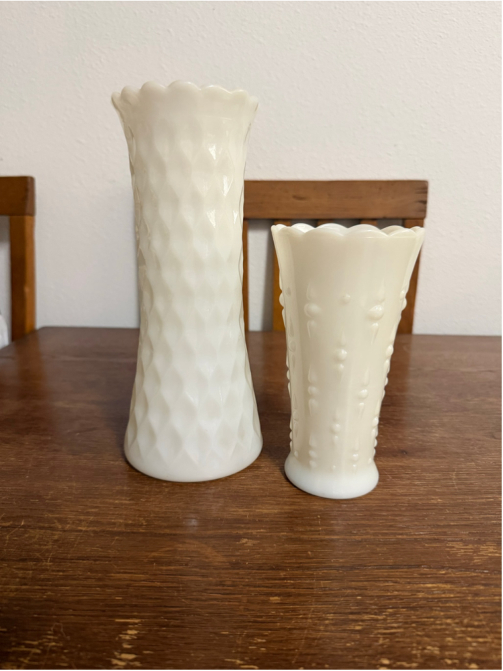 Vintage White Milk Glass Vases Set of 2 Scalloped Rim Diamond Textured Bud Vase